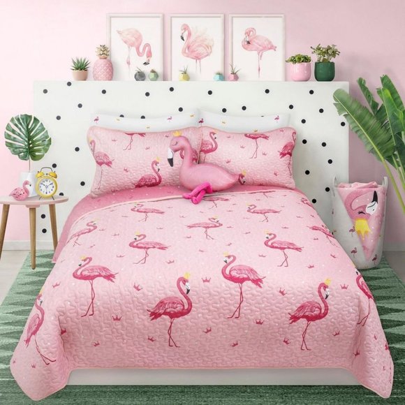New Pink Flamingo 2-Piece Bedding Quilt Set • Reversible • Twin - Picture 1 of 3